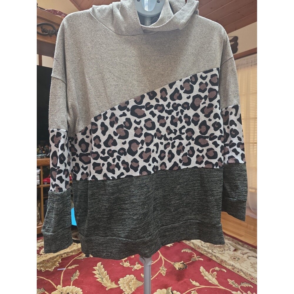 REBORN J Rose Leopard Block Hooded  Long Sleeve Blouse Shirt Top Size XL
